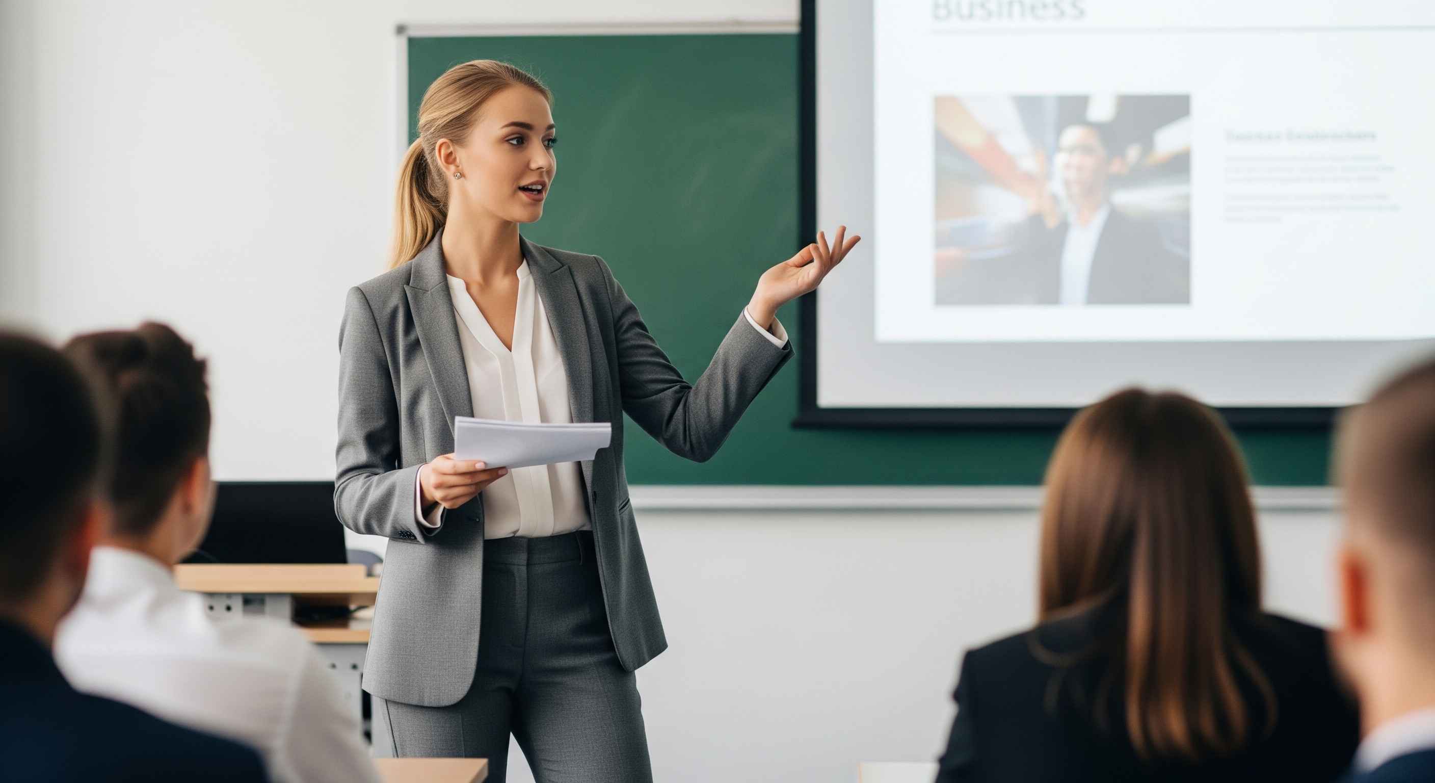 étudiante en école de commerce à paris faisant un présentation commerciale en anglais 